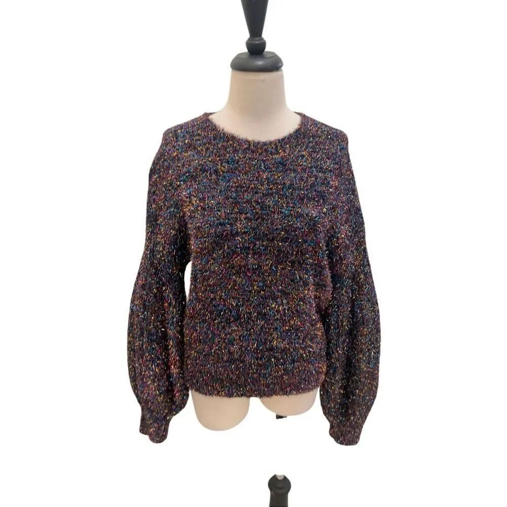 Do + Be Women's Balloon Sleeve Metallic Fuzzy Confetti Sweater Multicolor Small